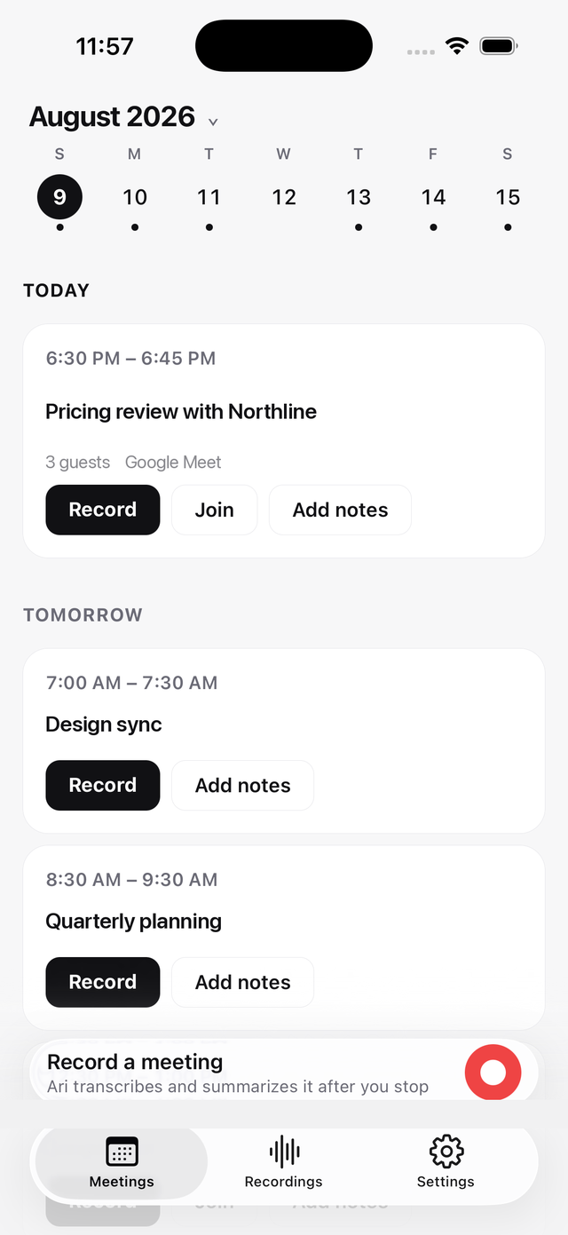 Ari on iPhone: the day's meetings from every connected calendar